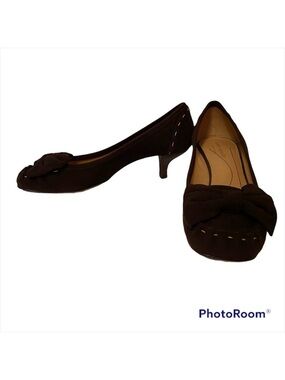 KATE SPADE SHOES HEELS PUMPS BROWN SUEDE LEATHER BOW SQUARE TOE SIZE 7.5 M